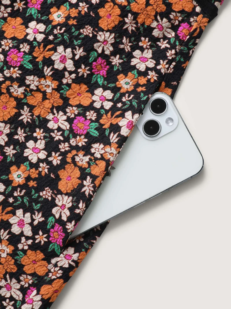 Floral Waist Tie Side Pockets Midi Dress