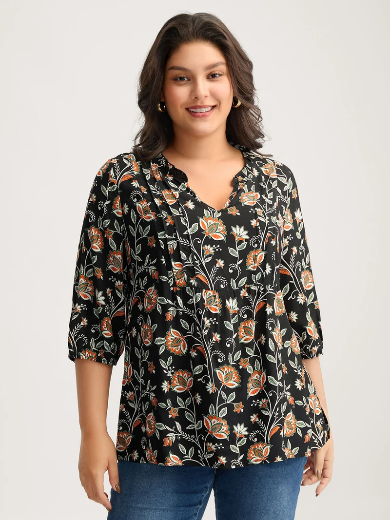 Floral Toothpick Pleats Flowy Blouse