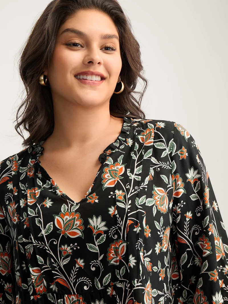 Floral Toothpick Pleats Flowy Blouse