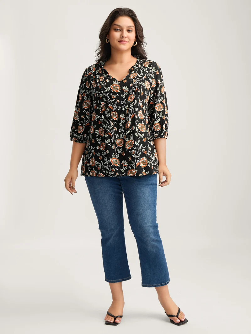 Floral Toothpick Pleats Flowy Blouse
