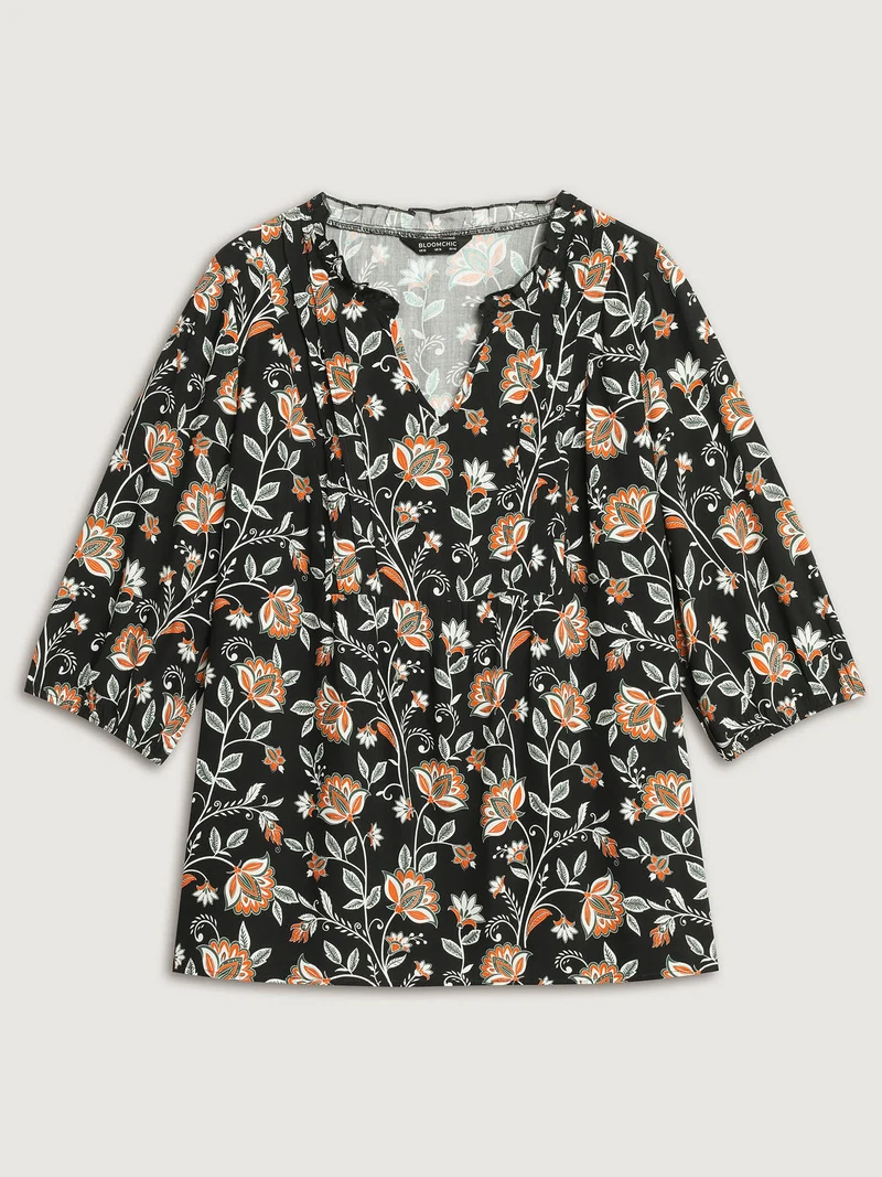 Floral Toothpick Pleats Flowy Blouse