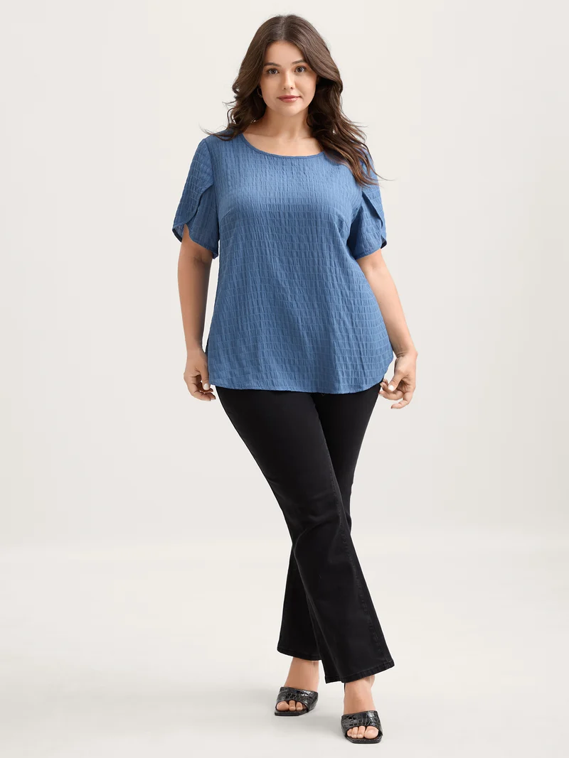 Textured Petal Sleeve Solid Blouse