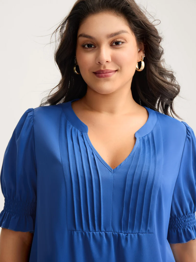 Shirred Cuffs Pintuck Pleats Solid Blouse