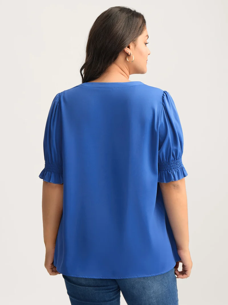 Shirred Cuffs Pintuck Pleats Solid Blouse