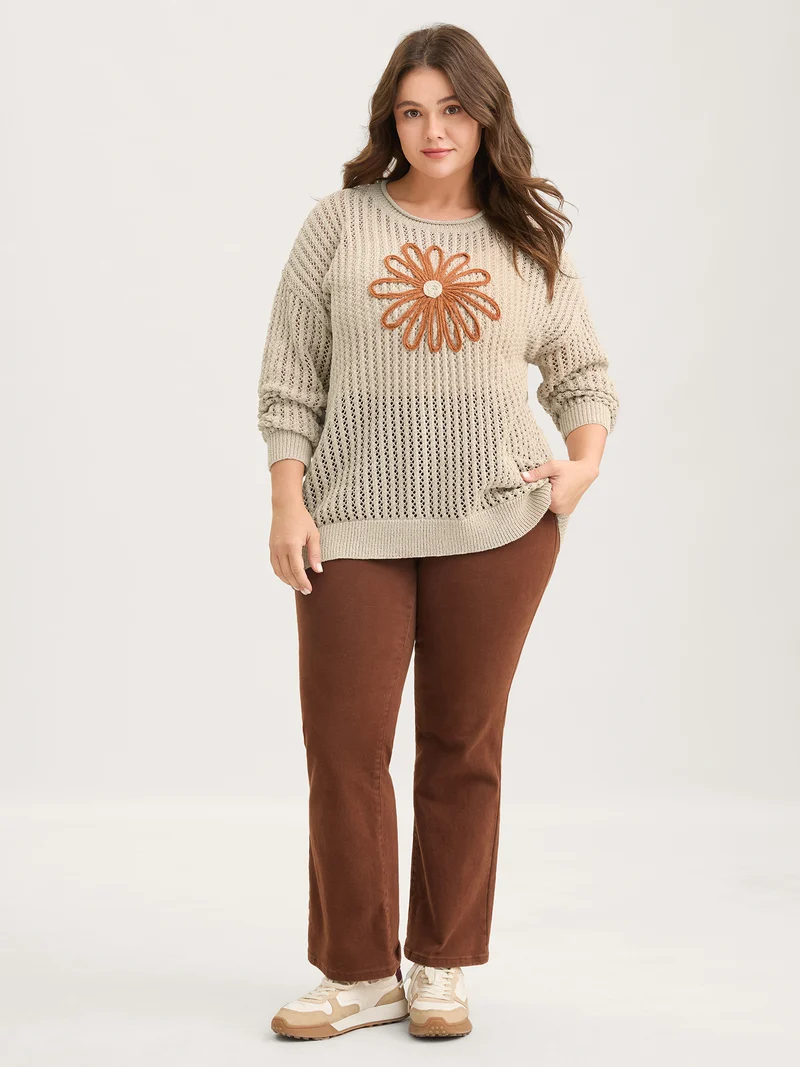 Floral Motif Cut-Out Textured Pullover