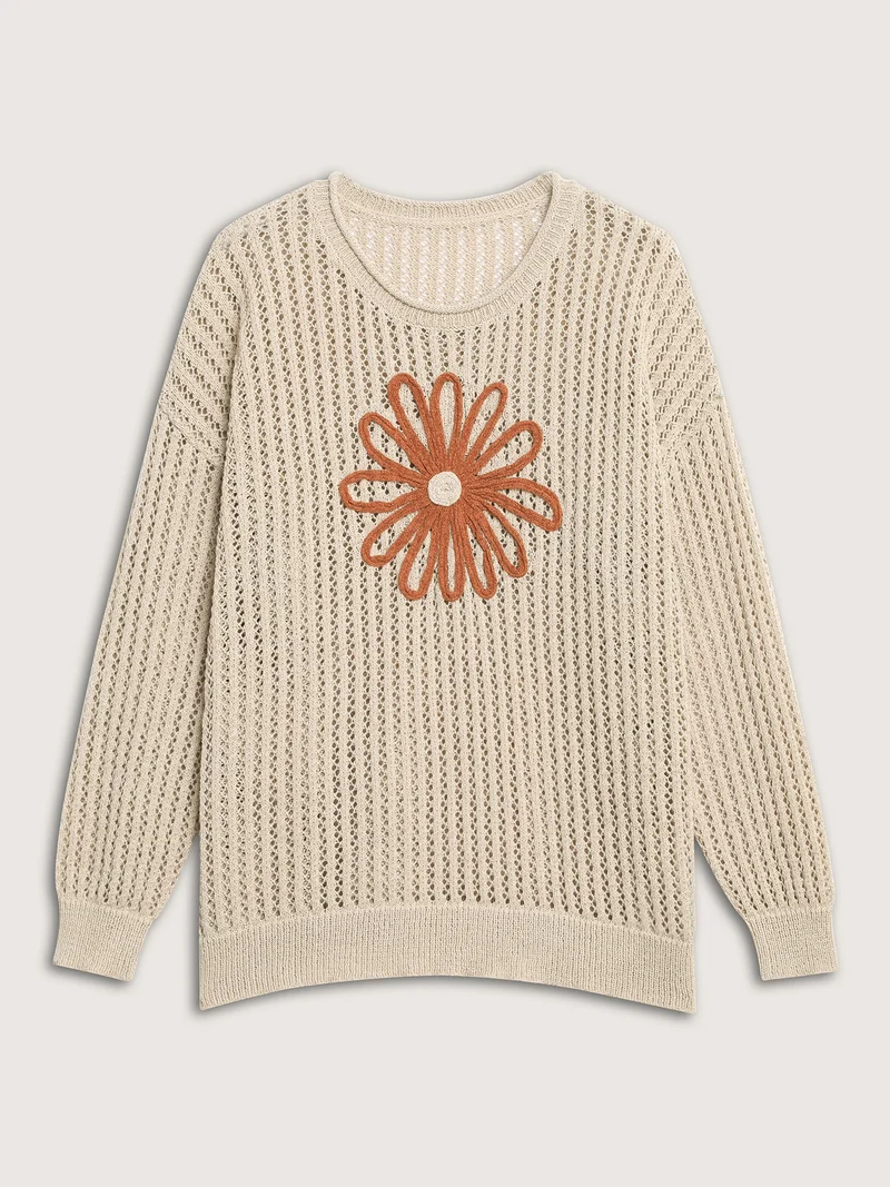 Floral Motif Cut-Out Textured Pullover