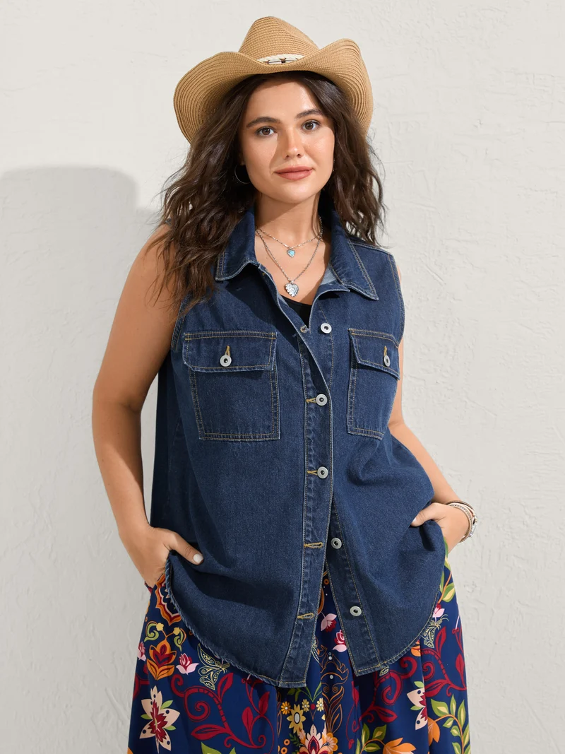 Button-Front Long Denim Vest Jacket
