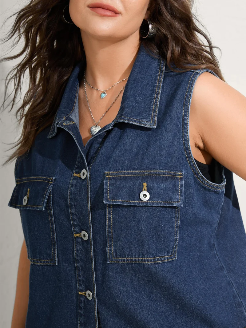 Button-Front Long Denim Vest Jacket