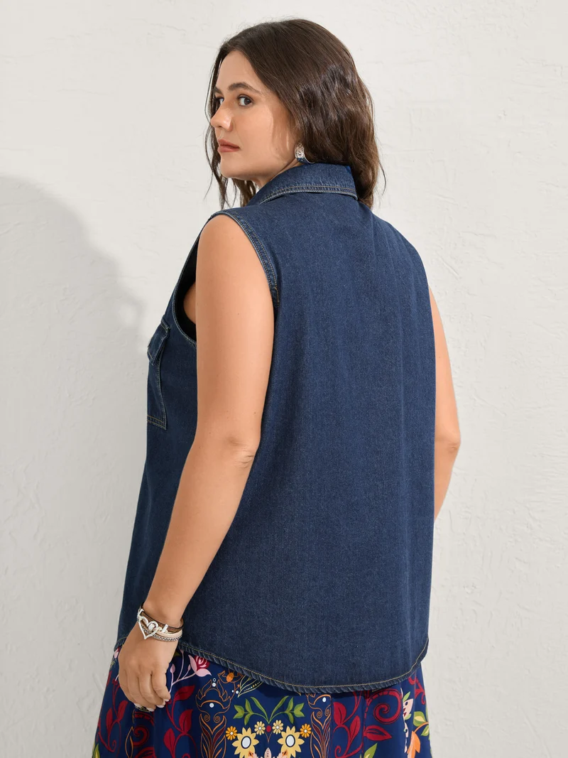 Button-Front Long Denim Vest Jacket