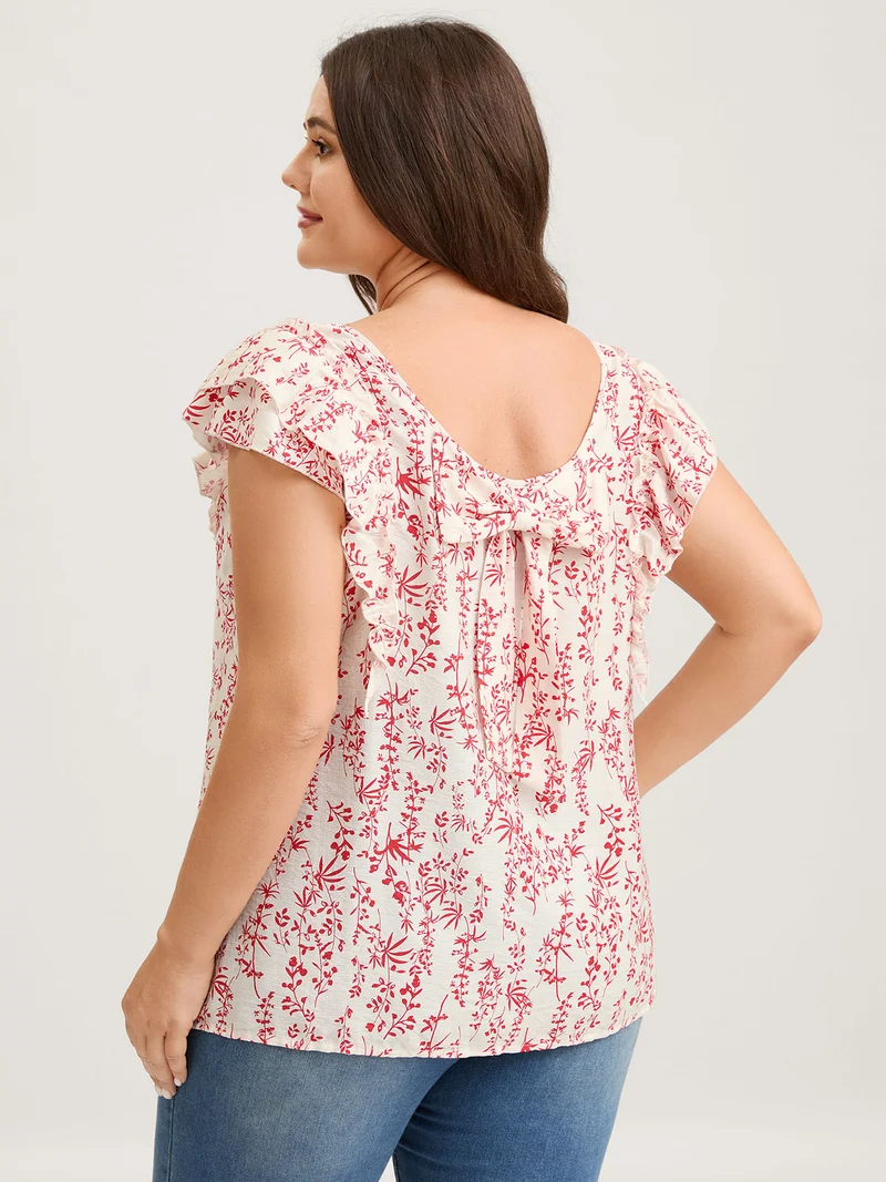 Sweet Floral Bow Back Flutter Blouse