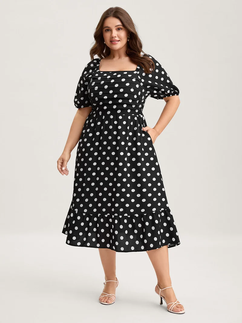 Polka Dots Pleated Bodice Midi Dress
