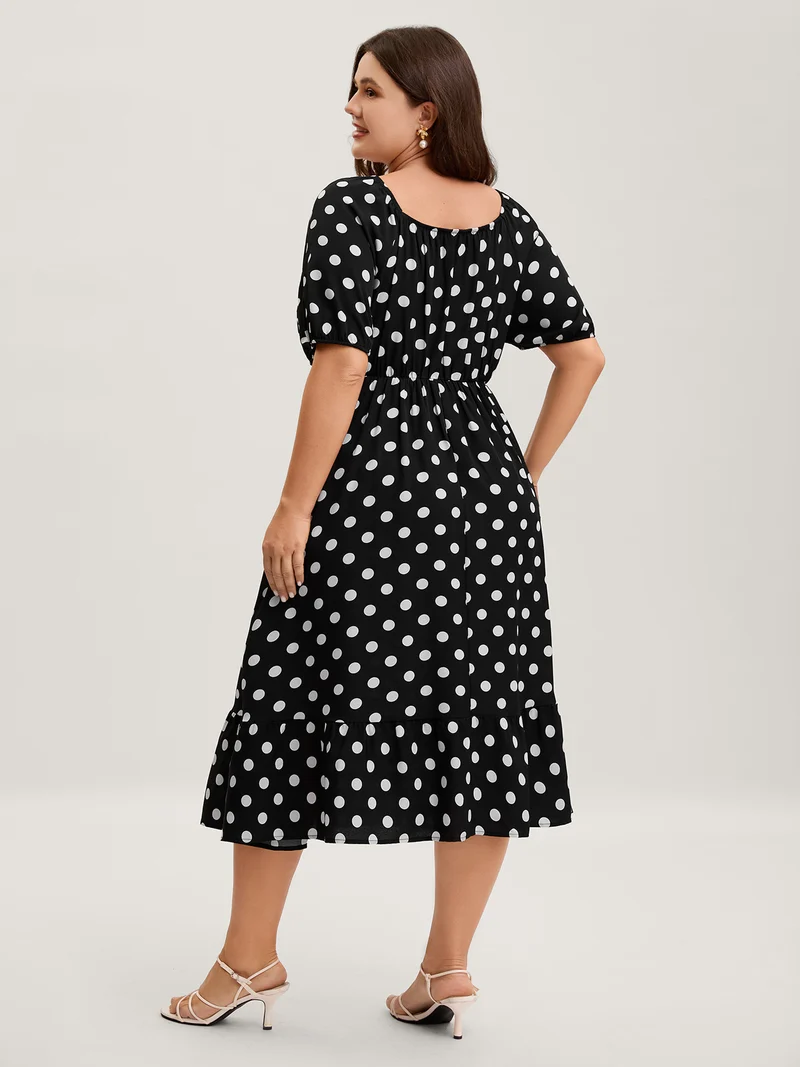 Polka Dots Pleated Bodice Midi Dress