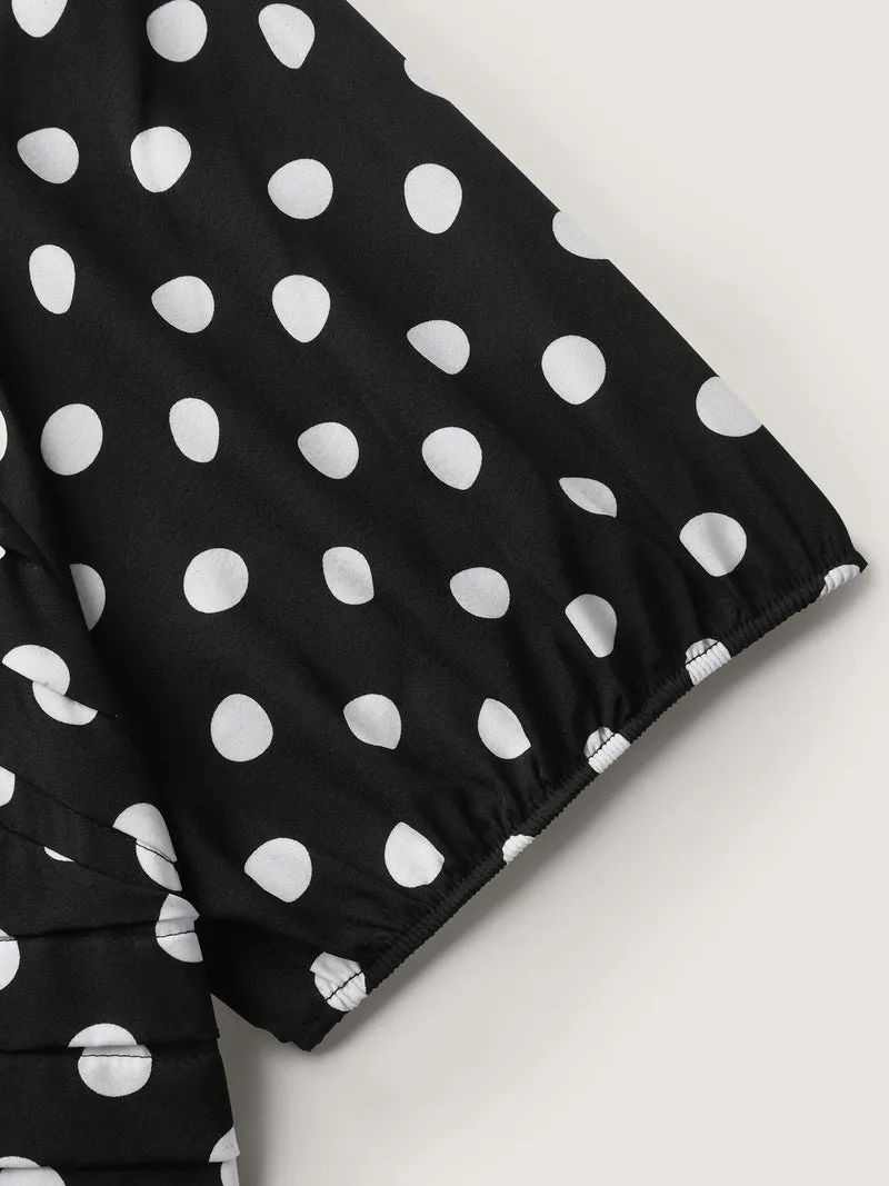 Polka Dots Pleated Bodice Midi Dress