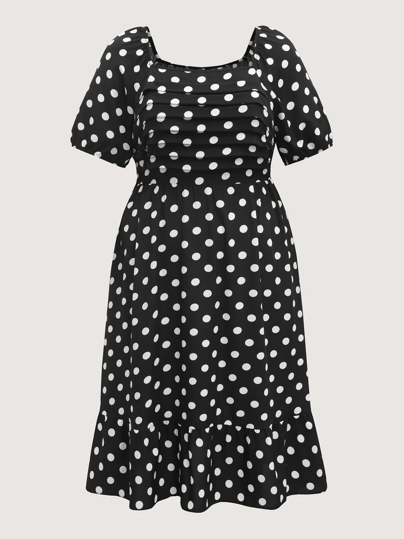 Polka Dots Pleated Bodice Midi Dress