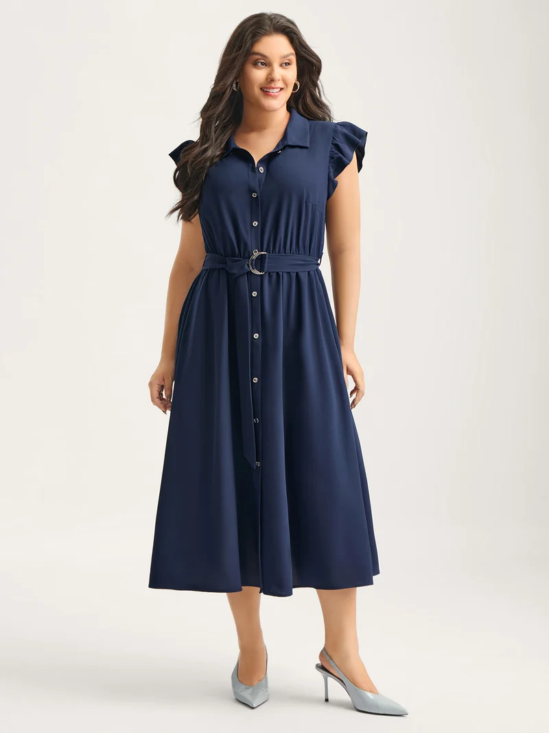 Flutter Sleeve Belted Shirt Dress