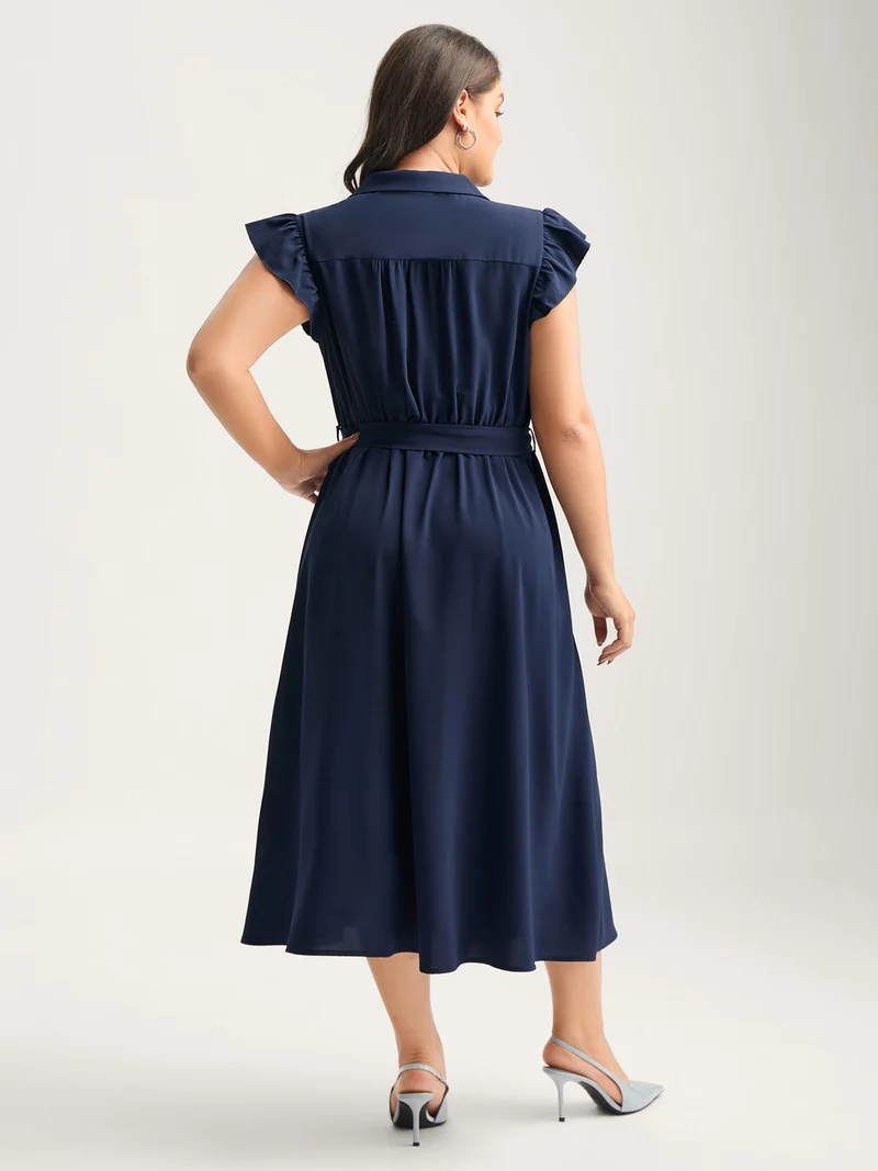 Flutter Sleeve Belted Shirt Dress