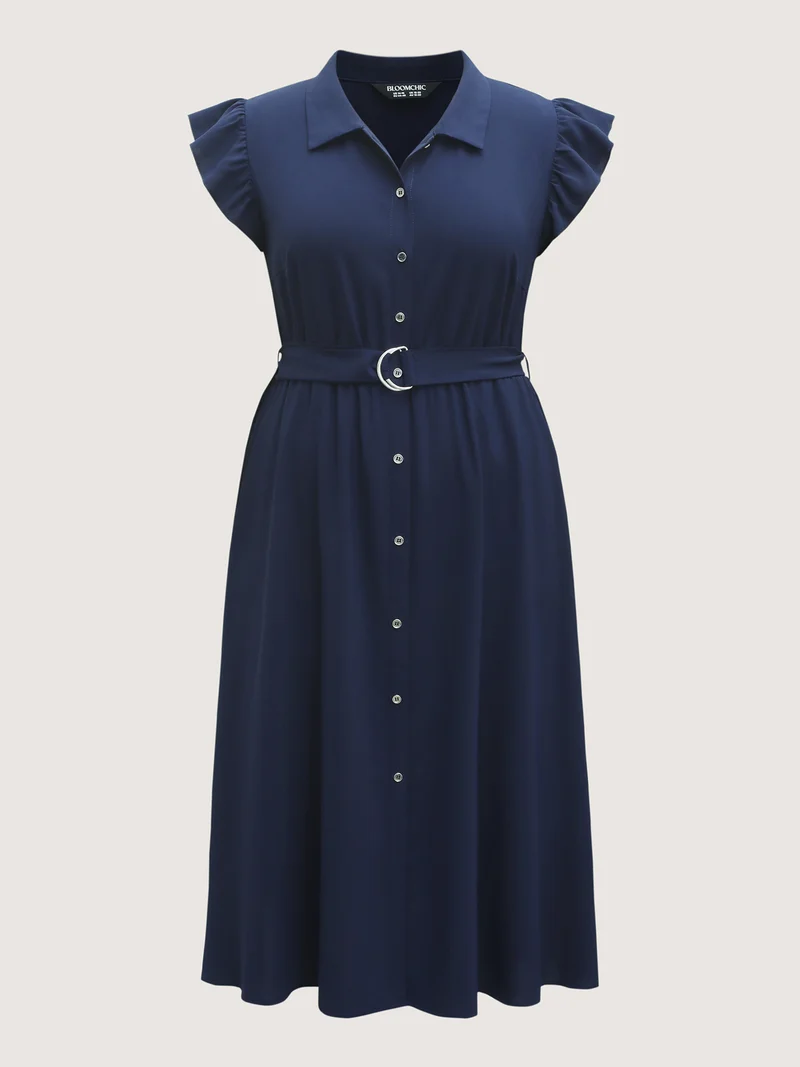 Flutter Sleeve Belted Shirt Dress