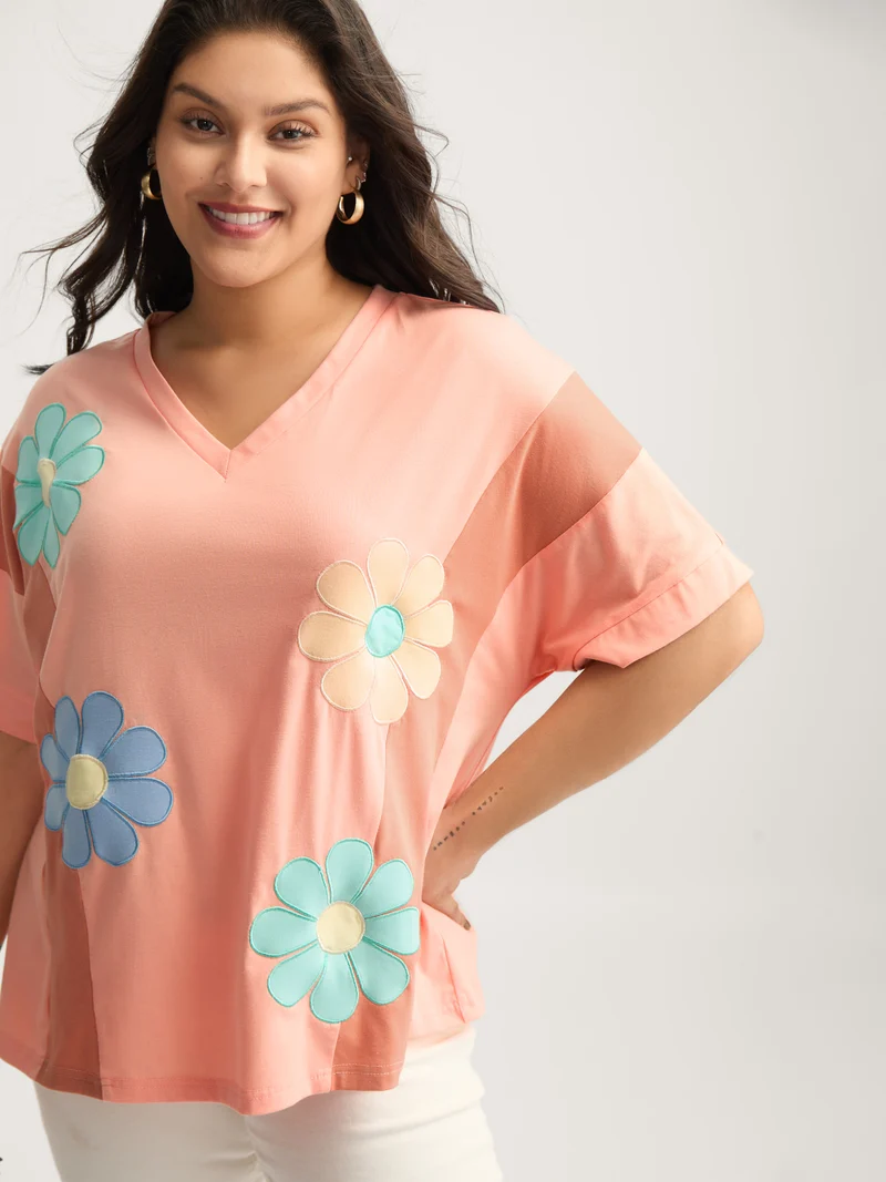 Floral Patchwork Embroidery Color Block T-Shirt