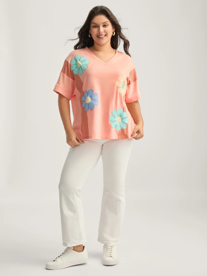 Floral Patchwork Embroidery Color Block T-Shirt