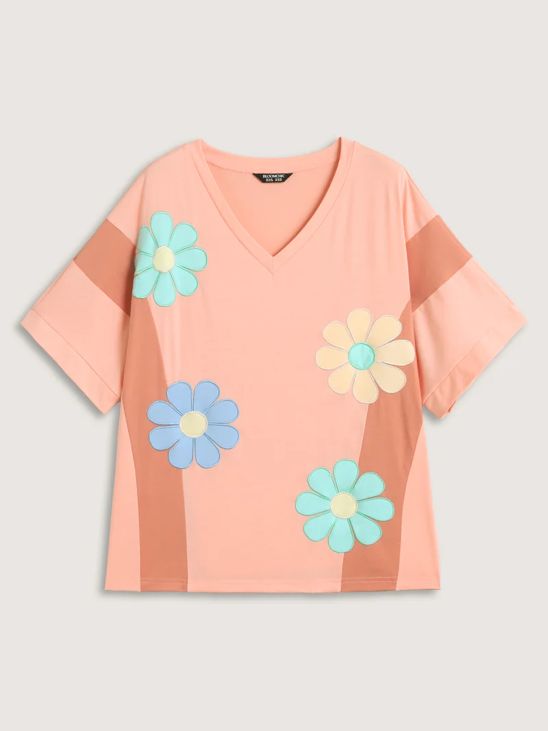 Floral Patchwork Embroidery Color Block T-Shirt
