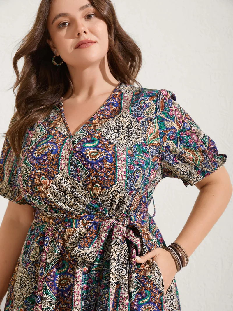 Boho Print Overlap Hem Belted Midi Dress