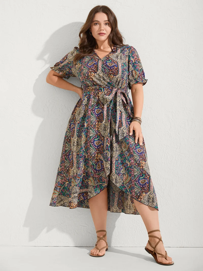 Boho Print Overlap Hem Belted Midi Dress