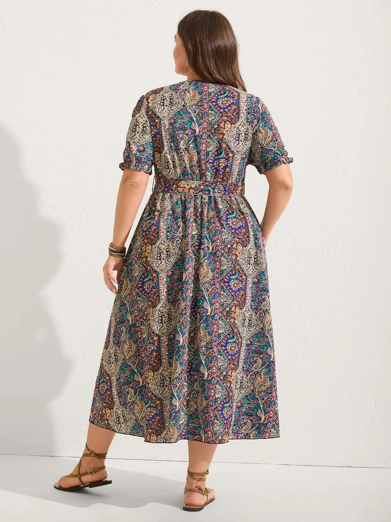 Boho Print Overlap Hem Belted Midi Dress