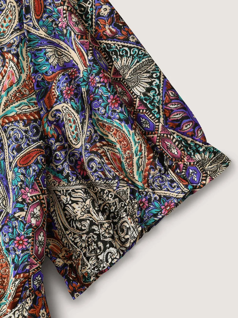 Boho Print Overlap Hem Belted Midi Dress