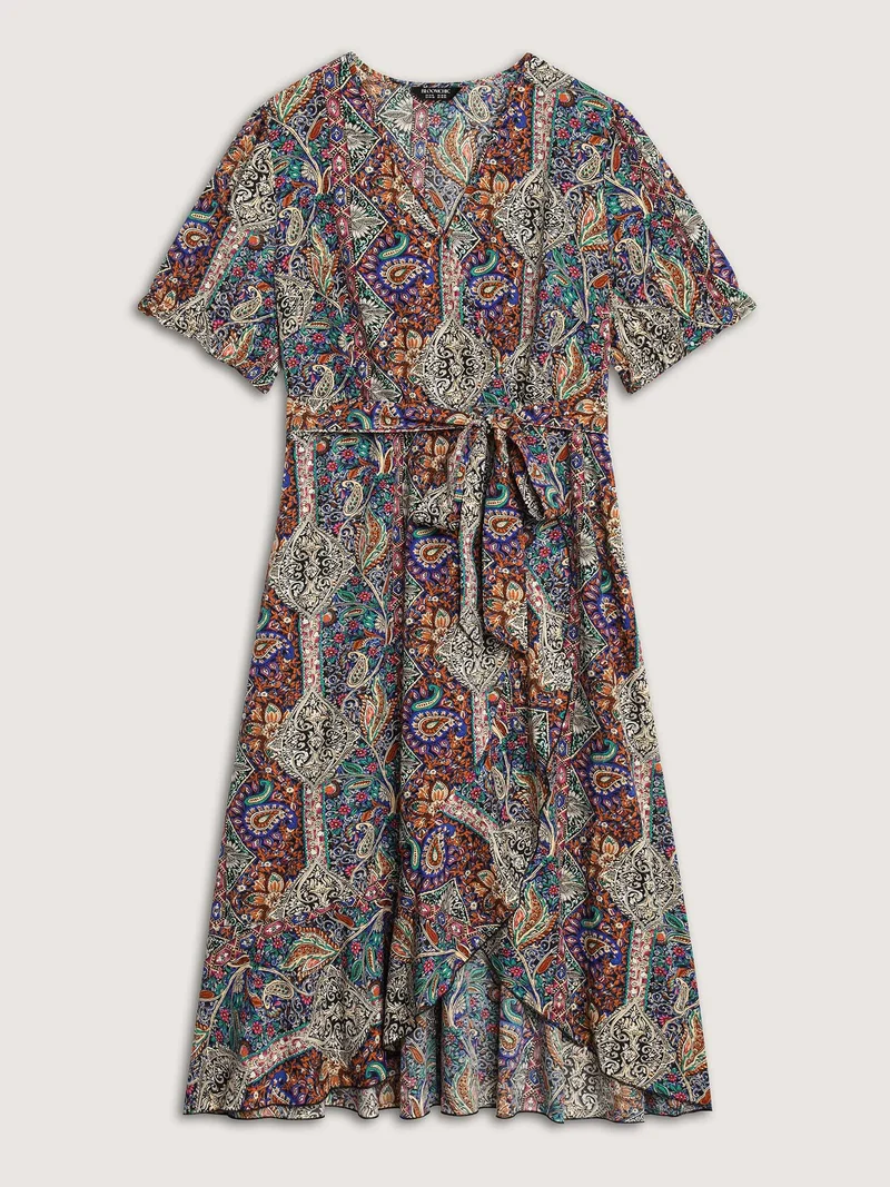 Boho Print Overlap Hem Belted Midi Dress