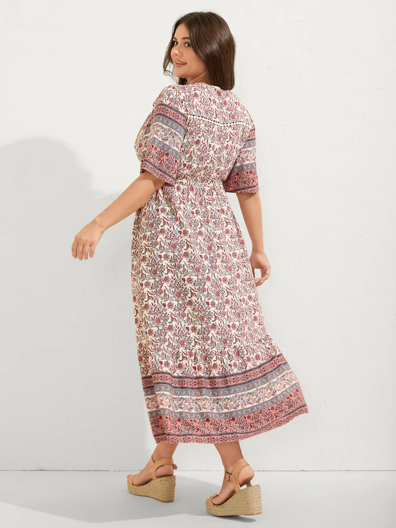 Floral Print Lace Waist Drawstring Maxi Dress