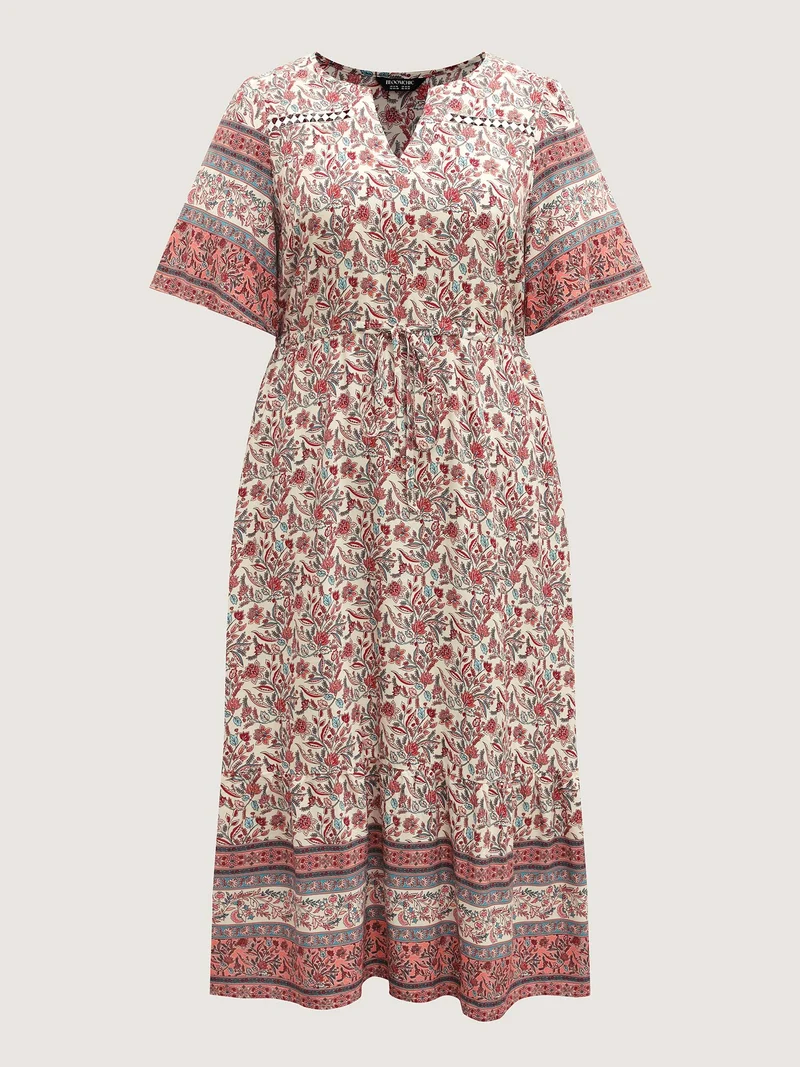 Floral Print Lace Waist Drawstring Maxi Dress