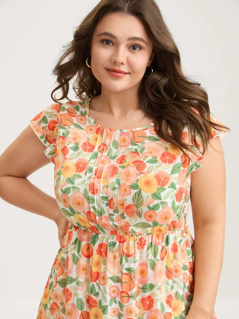 Citrus Print Pleated Flutter Sleeve Midi Dress