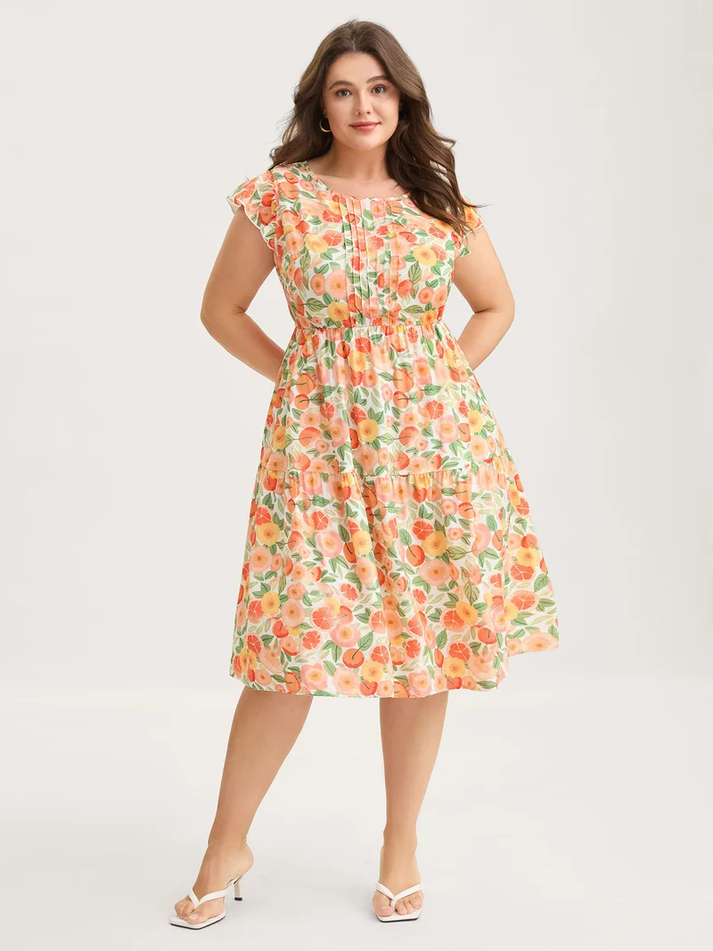Citrus Print Pleated Flutter Sleeve Midi Dress