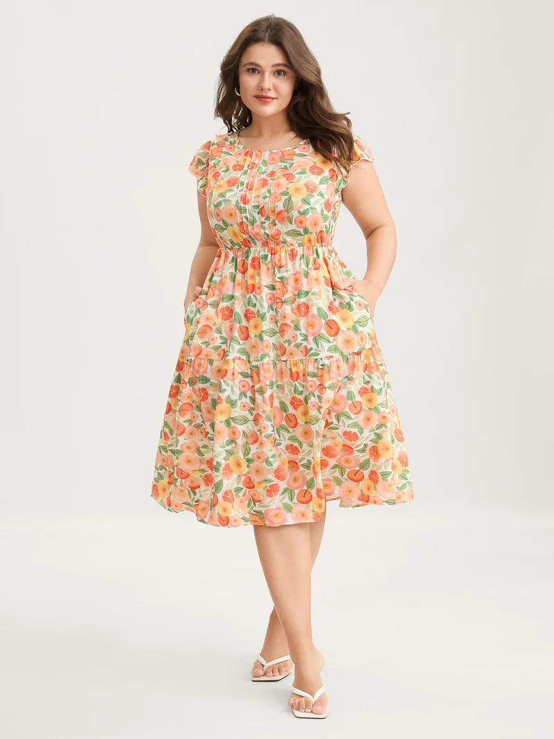 Citrus Print Pleated Flutter Sleeve Midi Dress