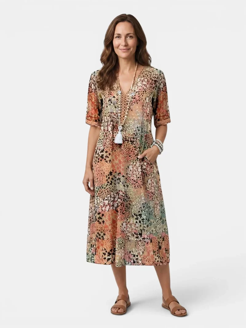 Women's Colorful Printed Midi Dress | Relaxed Fit Summer Dress for Casual Wear