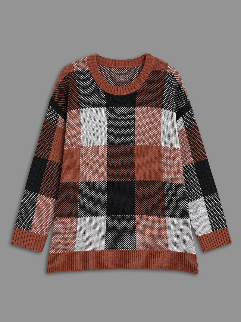Plaid Contrast Slit Hem Pullover