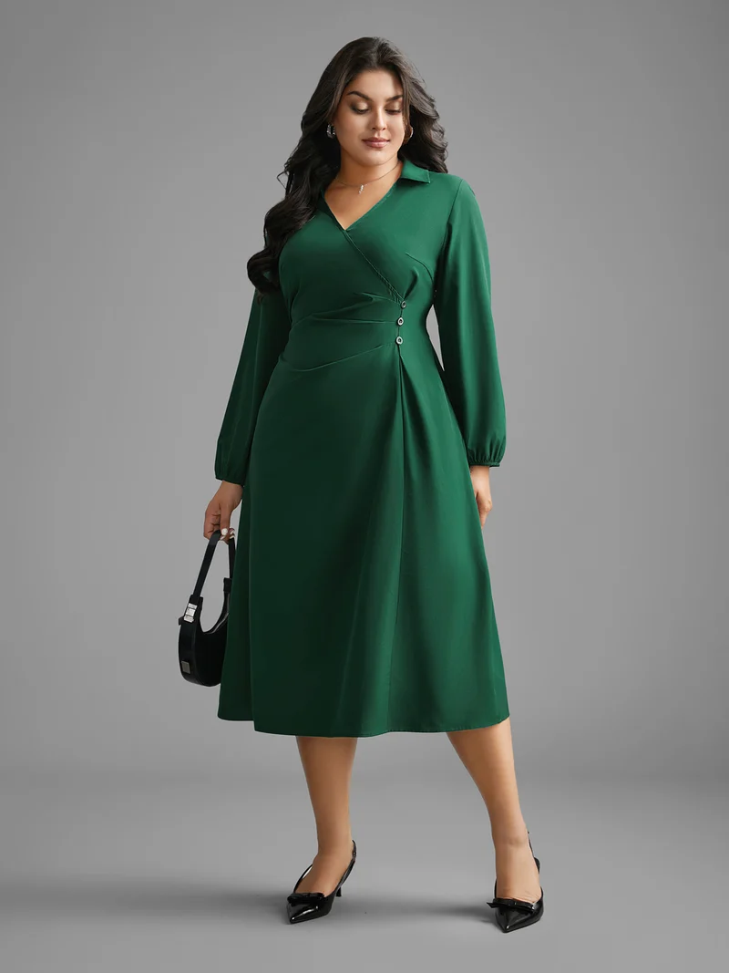 Shirt Collar Pleated Button Detail Dress