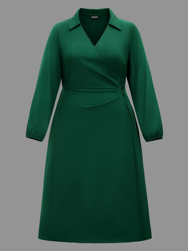 Shirt Collar Pleated Button Detail Dress