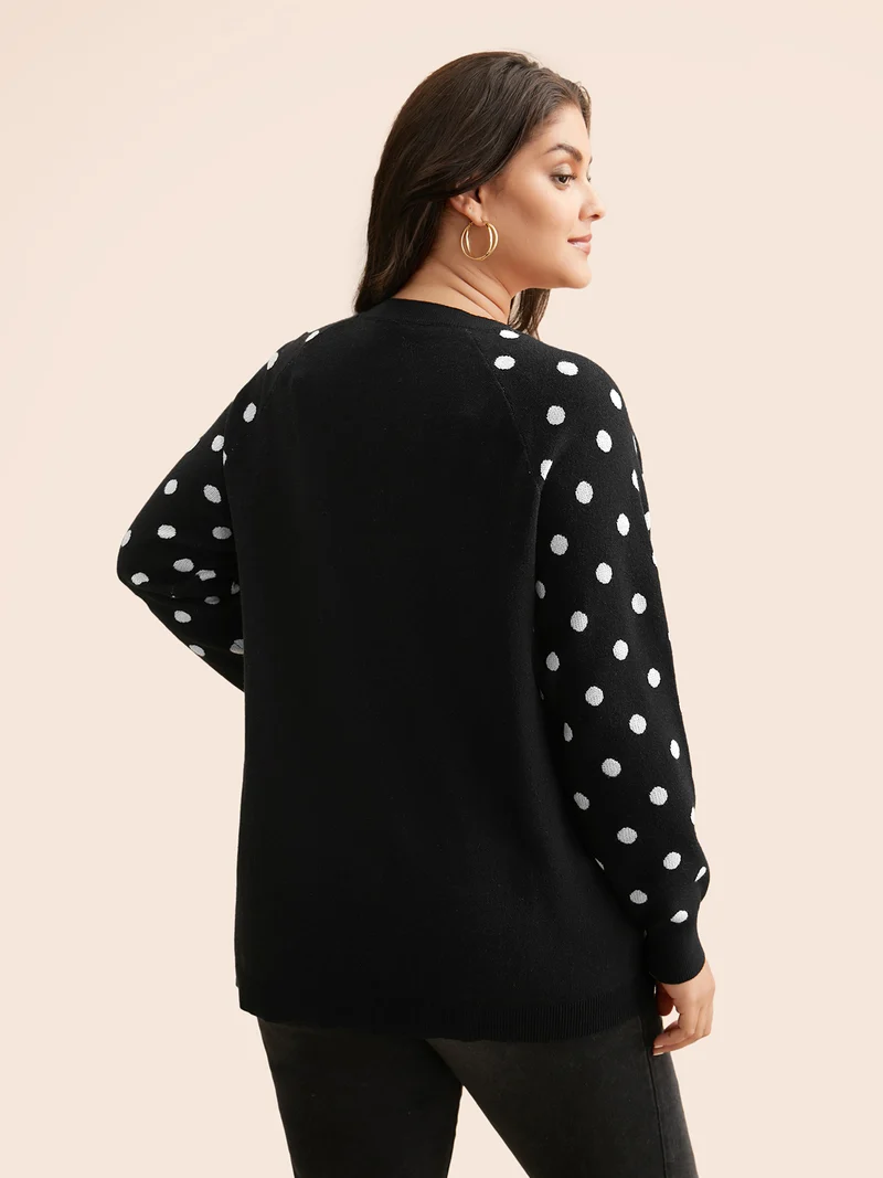 Polka Dot Crew Neck Raglan Sleeve Pullover