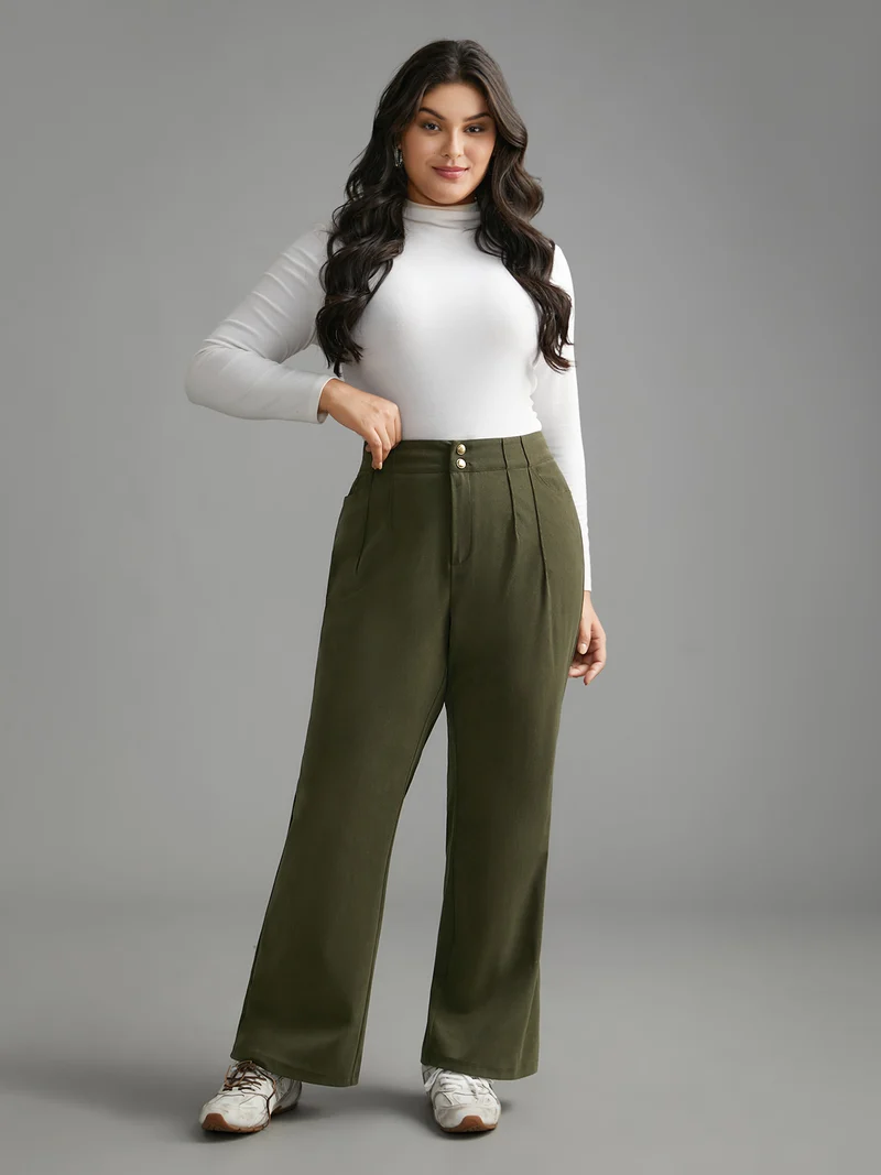 Mid Rise Double Breasted Pleated Bootcut Pants