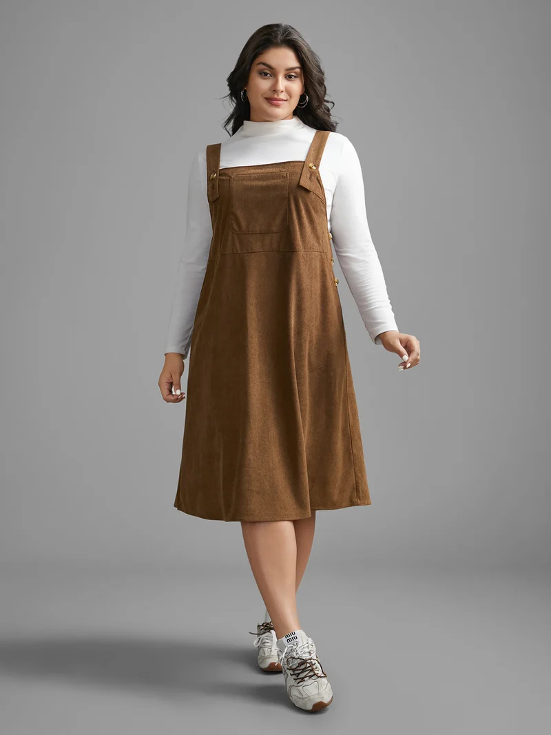 Corduroy Patched Pocket Button Detail Dress