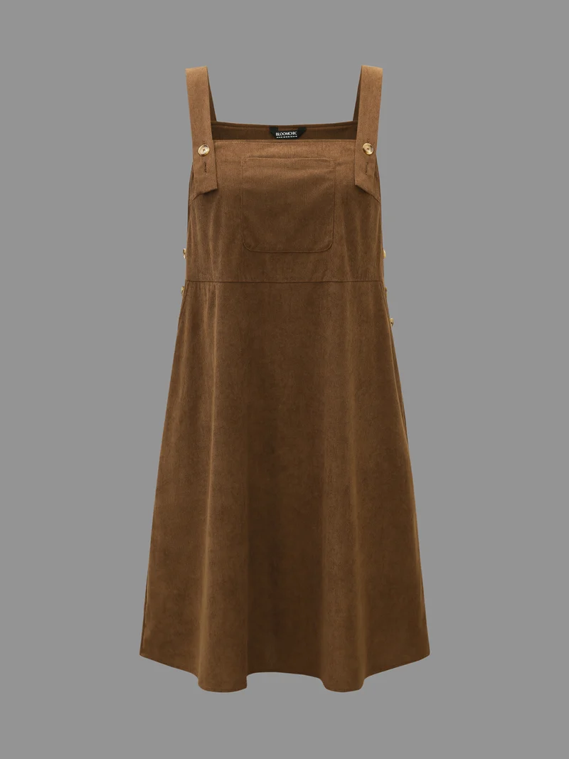 Corduroy Patched Pocket Button Detail Dress