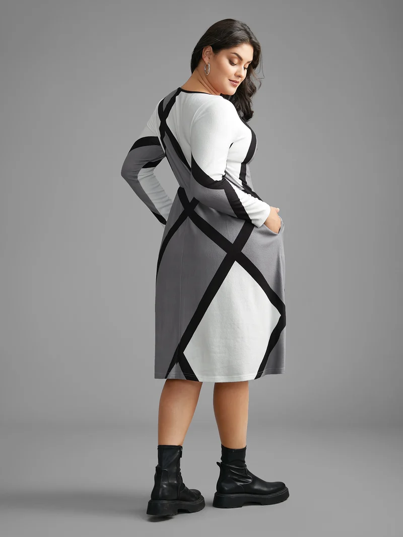 V Neck Colorblock Contrast Pocket Dress