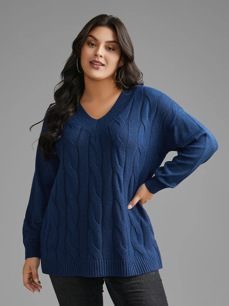 V Neck Cable Knit Texture Pullover