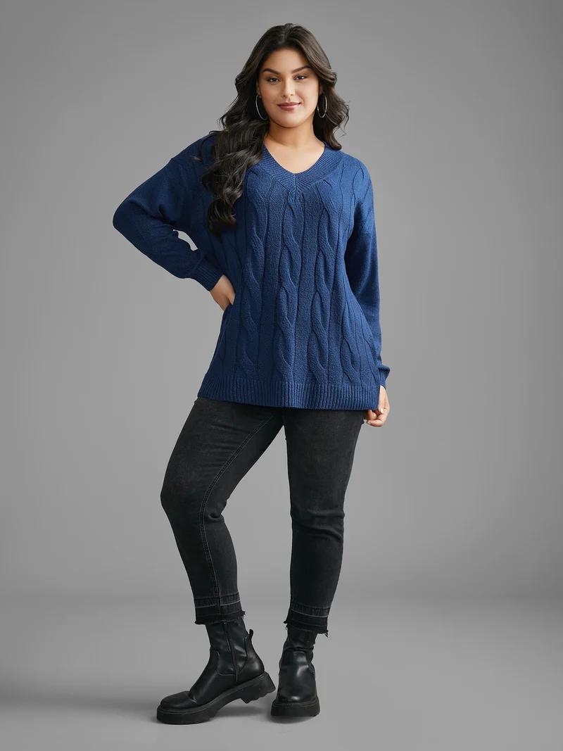 V Neck Cable Knit Texture Pullover