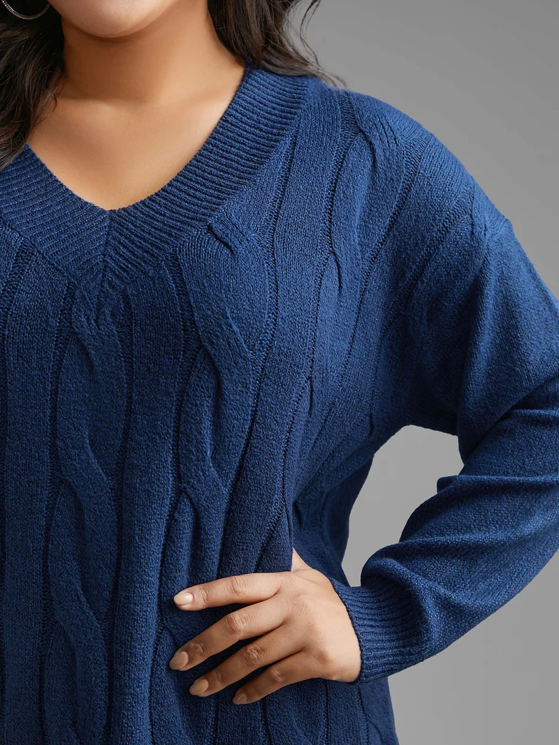 V Neck Cable Knit Texture Pullover
