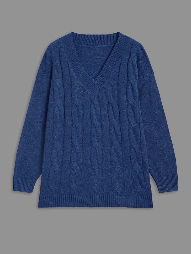 V Neck Cable Knit Texture Pullover