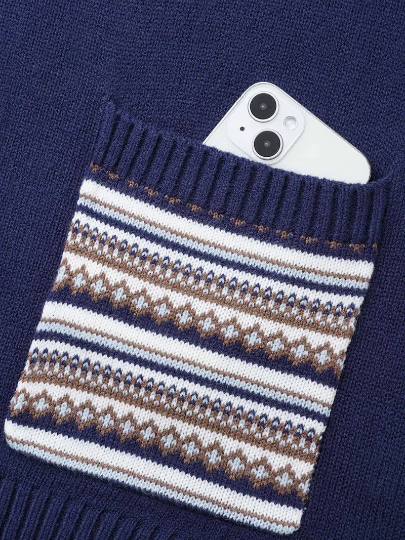 Striped Jacquard Patched Pocket Pullover