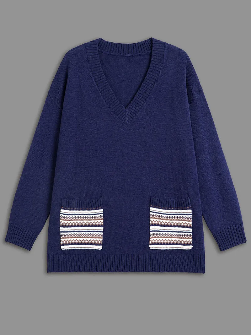 Striped Jacquard Patched Pocket Pullover