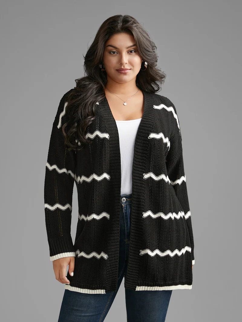 Striped Textured Pointelle Knit Cardigan